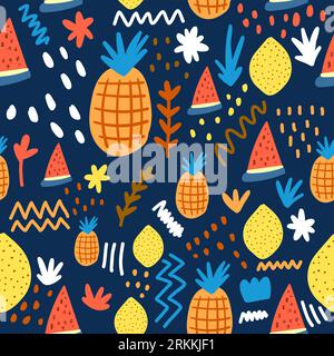 Seamless pattern of colorful summer fruits isolated on dark background. Stock Vector