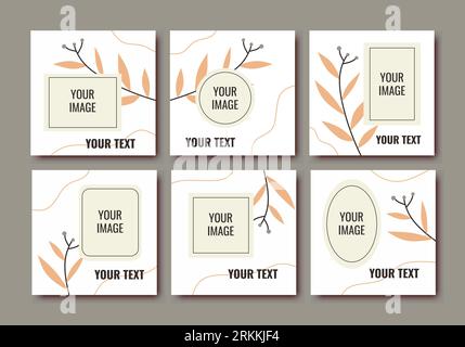 Slides unique modern social media post pastel peach pink soft banner template. Editable set backgrounds with tropical leaf for internet ads. Vector il Stock Vector