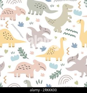 Seamless pattern of cute dinosaurs and floral isolated on white background. Stock Vector
