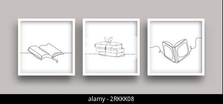 One line drawing of book set. Poster abstract illustration. Minimalist hand drawn study symbols. Stock Vector