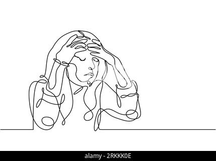 Stressed woman continuous line drawing, one single hand drawn vector illustration. young girl worried about suffering from depression in mental health Stock Vector