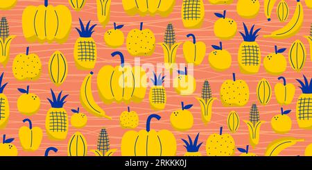 Yellow Fruits seamless pattern with cute natural drawing. Banana, corn, pineapple, lemon, pumpkin isolated on bright background Stock Vector
