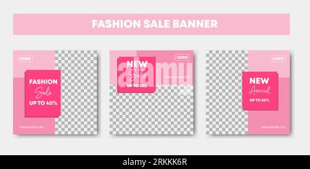 Set of pink and white colored minimalist style banner template. Fashion sale promotion editable square templates for design of social networks, web in Stock Vector