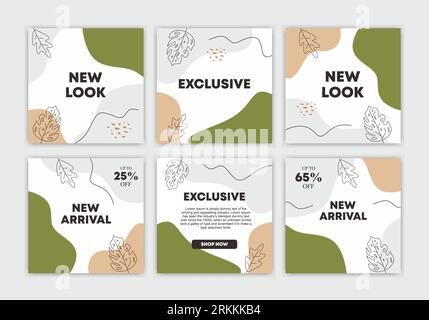 Set of editable square social media posts templates. Abstract square puzzle pastel backgrounds in minimal trendy style with floral and geometric eleme Stock Vector