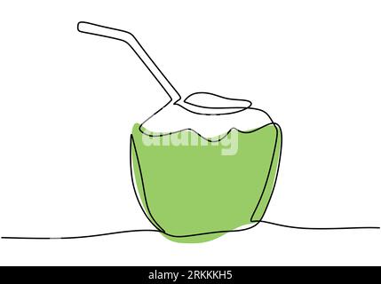 Continuous one line drawing green coconut water drink with drinking straw. Summer dessert food and drink menu. Relieves thirst and dehydration in summ Stock Vector
