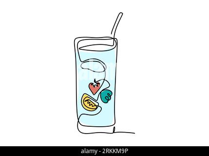 One continuous line drawing of fresh delicious an infuse water. A glass water with some fruit for drink isolated on white background. Healthy summer d Stock Vector