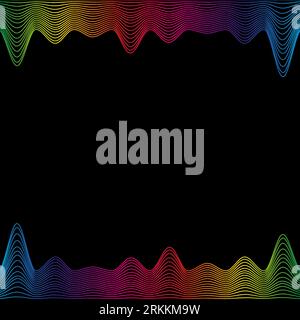 Rainbow waves line border, template banner latest technology sound vibrations on black. Vector illustration Stock Vector
