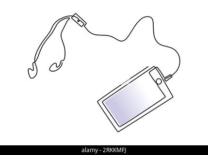 One continuous line drawing of phone or smartphone with earphone plugged minimalist style. Relax with music from phone. Vector technology objects illu Stock Vector