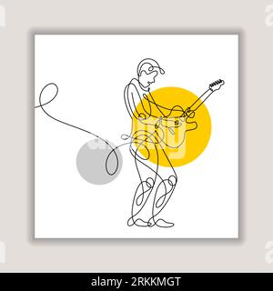 a man playing electric guitar, continuous one line drawing minimalist. Vector music instrument good for poster and wall art and event. Stock Vector
