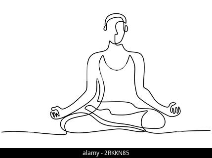 Woman doing yoga exercise in continuous one line drawing. Young lady sitting cross legged meditating in Lotus pose. Relaxing and calming concept. Vect Stock Vector