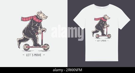 T shirt illustration with bear riding scooter. Cute bear scooter vector design.animal illustration.T shirt graphic. Stock Vector