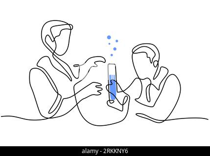 Continuous single line drawing of two male scientist doing experiment in laboratory hand-drawn picture minimalism design. Medical research coronavirus Stock Vector