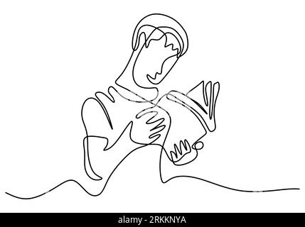 One continuous line drawing of men reading a book. A teenager boy is read a book for study at home. Back to school concept hand drawn line art minimal Stock Vector