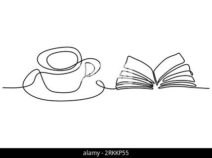 Single continuous line drawing of an open book beside a cup of coffee at work desk. Opened page book at home or school library. Book is a window to th Stock Vector