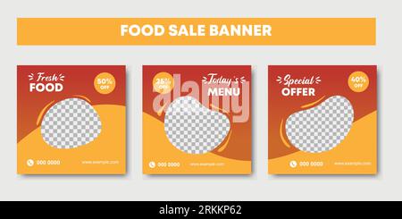 Colorful food sale banner for flyer and social media post template collection. Abstract puzzle minimal background design with place for the photo and Stock Vector