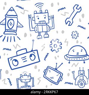 Funny robot childish seamless pattern isolated on white background. Vector doodle hand drawn cartoon funny character monster cyborg for kids and baby Stock Vector