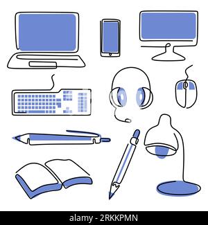 Stationary template set. Learning online, e-learning. Laptop, notebook, pen, pencil, headset, mouse, computer, keyboard, book isolated on white backgr Stock Vector