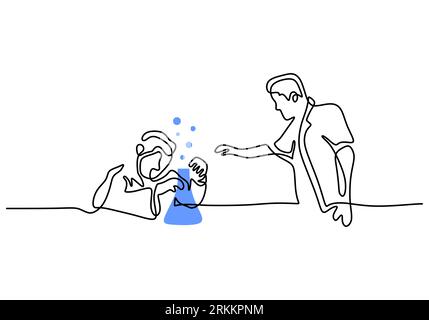 Continuous single drawn one line scientist researcher professor and a student doing experiment in laboratory. The concept of science and education, sc Stock Vector