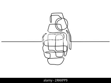 Continuous single line drawing of grenades isolated on white background. The equipment for war. Army weapon concept. Shield with gun vector illustrati Stock Vector