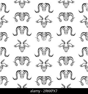 Bohemian seamless pattern of mamalia head. Hand drawn vintage tribal bull head, buffalo head, cow head, sheep head, goat head. Good for t-shirt print, Stock Vector