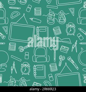 Back to school seamless pattern of school stuff on green background Stock Vector