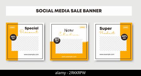 Set collection of editable minimal square banner template. Black and yellow background color background for social media post and web internet ads. Fa Stock Vector