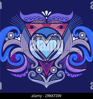 Abstract heart shaped tribal ornament. Ethnic mandala. Stylized heart shaped symbol. heart shaped of geometric elements. Tribal ethnic motif. Blue col Stock Vector
