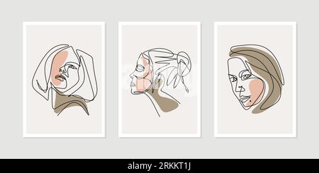 Continuous one line of contemporary woman faces silhouettes with colored shapes. Set of three Modern abstract faces girls. Stock Vector