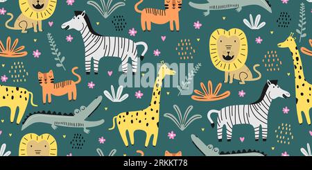 Cute animal seamless pattern with jungle drawing. Hand drawn floral animal seamless pattern on the white background. Exotic jungle wallpaper. Stock Vector