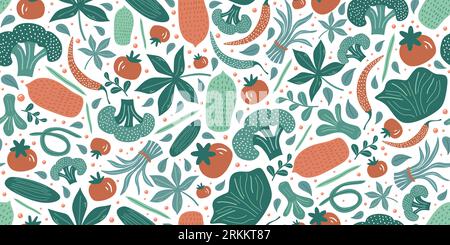 Vegetable seamless pattern with cute hand drawing. Fruits and vegetables flat hand drawn seamless pattern. Healthy nutrition cartoon texture. Organic Stock Vector