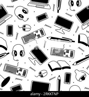 Online education hand drawn seamless pattern. Laptop, notebook, pen, pencil, headset, mouse, computer, keyboard, book isolated on white background. Ve Stock Vector