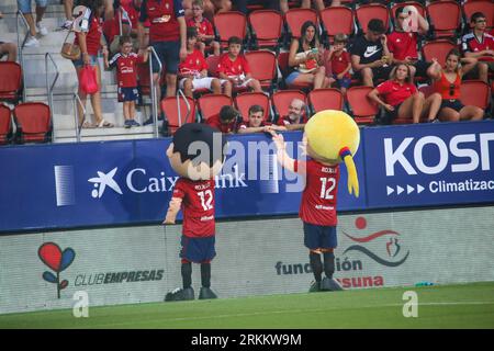 Pamplona, Spain. 24th Aug, 2023. The mascots of CA Osasuna greet the public during the first leg of the previous round of the UEFA Europa Conference League 2023-24 between CA Osasuna and Club Brugge at El Sadar Stadium, in Pamplona, on August 24, 2023. (Photo by Alberto Brevers/Pacific Press) Credit: Pacific Press Media Production Corp./Alamy Live News Stock Photo