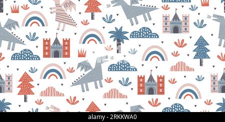 Dragon seamless pattern cute childish drawing style. backdrop design with funny cartoon dragon characters, vector illustration on black background. Fu Stock Vector