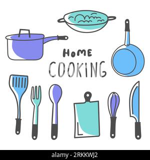 Bundle of kitchen equipment icons vector illustration design. Kitchenware and utensils: pan, knife, skillet, whisk, cutting board, spatula, whisk etc. Stock Vector