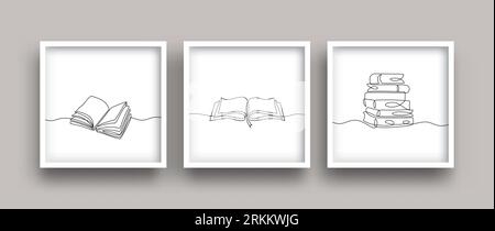 Book one line drawing set. Minimalist continuous hand drawn. Vector Posters collections. Stock Vector