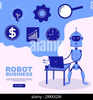 Business background with cute grey robot using laptop in scandinavian childish style isolated on white background for children toys. Stock Vector