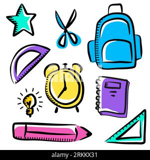 Back to school element with star, book, bag. scissor, ruler, pencil; alarm clock, bulb lamp. Set of school stuff isolated on white background. Stock Vector