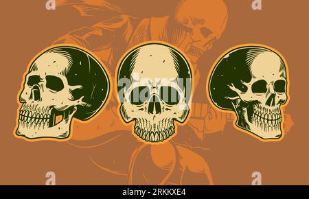 Anatomically correct human skulls set isolated. Happy Halloween cat t shirt design with vector background. Skull, grunge vintage design t shirts Stock Vector