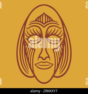 Modern art ethnic african face mask design hand drawn isolated on yellow background. Vector illustration tribal vintage ancient mask Stock Vector