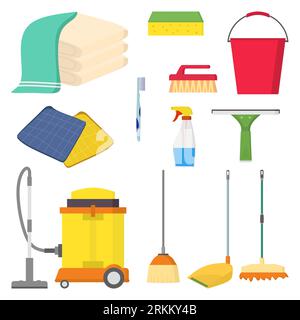 Set of cleaner tools equipment in flat element style. Stock Vector