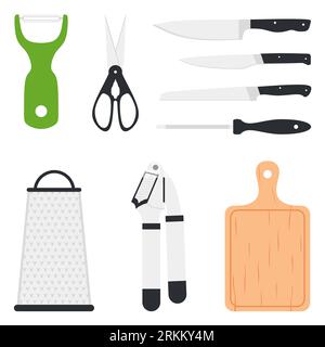 Set of slicing tools for kitchen equipment in flat element style. Stock Vector