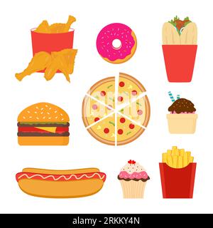Set of junk or fast foods isolated on white background in flat element style. Stock Vector