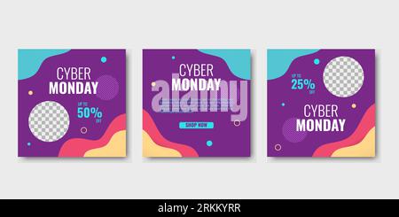 Cyber monday social media post template, set editable square shape banner. Good for marketing and promotion with trendy colors. Stock Vector