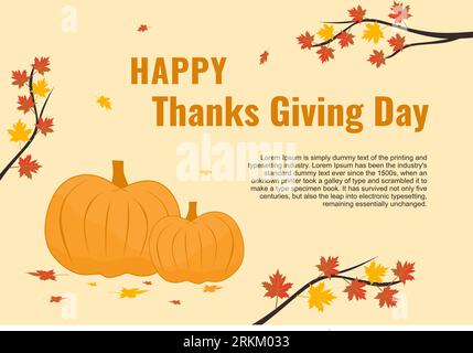 Happy Thanksgiving Day banner. Thanksgiving celebration with pumpkins and autumn leaves. Horizontal holiday poster, header for website. Vector illustr Stock Vector
