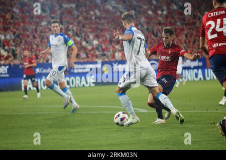 August 24, 2023, Pamplona, Foral Community of Navarre, Spain: Pamplona, Spain, 24th August, 2023: Club Brugge player Philip Zinckernagel (77) shoots on goal in front of several opponents during the first leg match of the previous round of the UEFA Europa Conference League 2023-24 between CA Osasuna and Club Brugge at the El Sadar Stadium, in Pamplona, on August 24, 2023. (Credit Image: © Alberto Brevers/Pacific Press via ZUMA Press Wire) EDITORIAL USAGE ONLY! Not for Commercial USAGE! Stock Photo