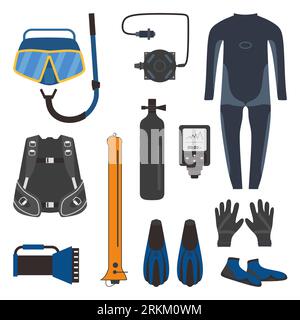 Set of diving equipment tools for diver in flat element style. Stock Vector