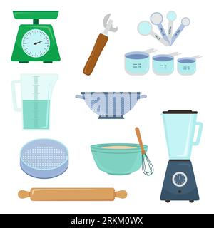 Set of cooking tools equipment in the kitchen in flat element style. Stock Vector