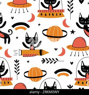 Seamless pattern with hand drawn cats riding rocket around planets Stock Vector