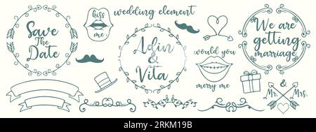 Hand drawn doodle wedding collection. Vector illustration sketchy marriage icons for wedding day, love and romantic events bride groom heart cupid eng Stock Vector