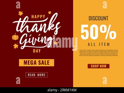 Mega sale Up To 50% off with maple leaves and pumpkins. Thanksgiving festival concept for your product image. Vector illustration for social media pro Stock Vector